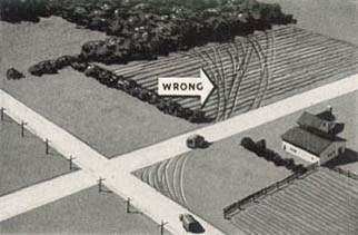 [FIGURE 6 (1). Cutting corners is a good indication to the enemy of traffic activity. It is a driver's responsibility to maintain the normal appearance of the terrain by not making this kind of scar.]