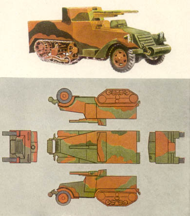 [FIGURE 39 (1) and (2). Olive drab and earth red blend with reddish desert backgrounds. Other light colors useful in a desert are sand and earth yellow. Patterns break up angular lines of the vehicle.]