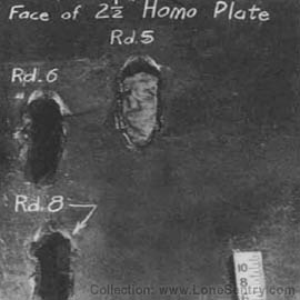 [Complete penetration of Projectile, A.P.C., M82 (2800 f/s M.V.) fired against 2.5 in. of homogeneous armor at 55° obliquity. (Lower nose plate of Panther Tank is 2.4 in. at 55°.) Penetration obtained at the following ranges: Rd. 5, Point Blank; Rd. 6, 650 yards; Rd. 8, 950 yards.]